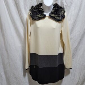 Dino Gaspari‎ Rabbit Pelt Collar Sweater Dress Size XL Colorblock Wool Blend